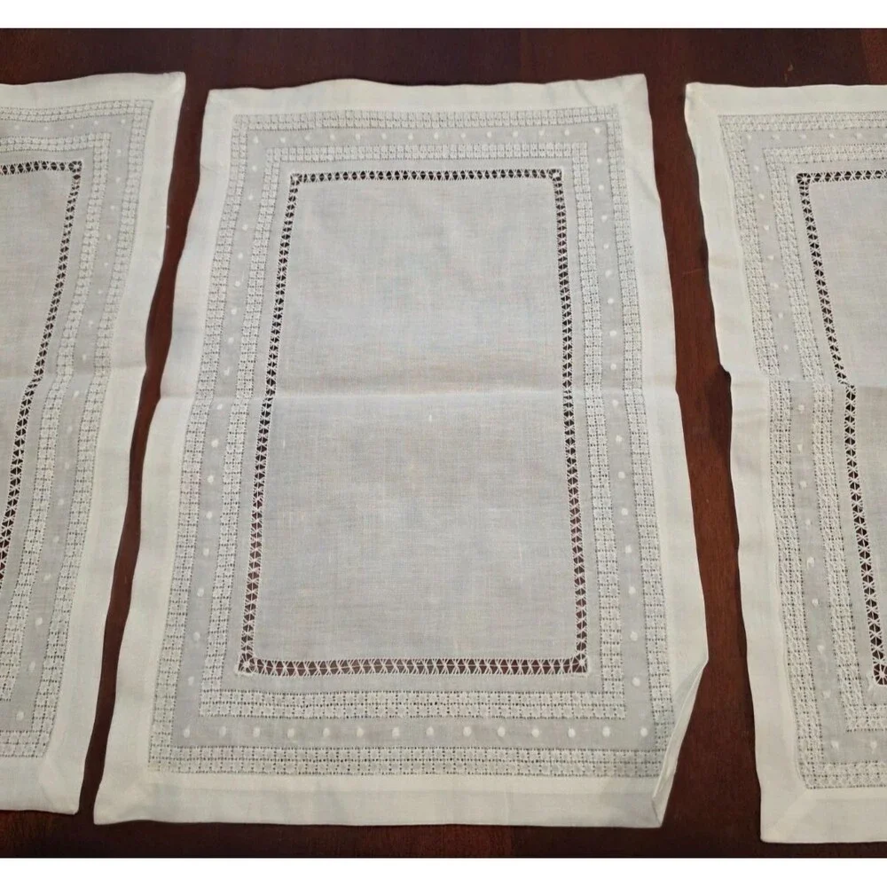 Cut Out Lace Linen Placemats White Set of 4 Vintage Handmade 19.5